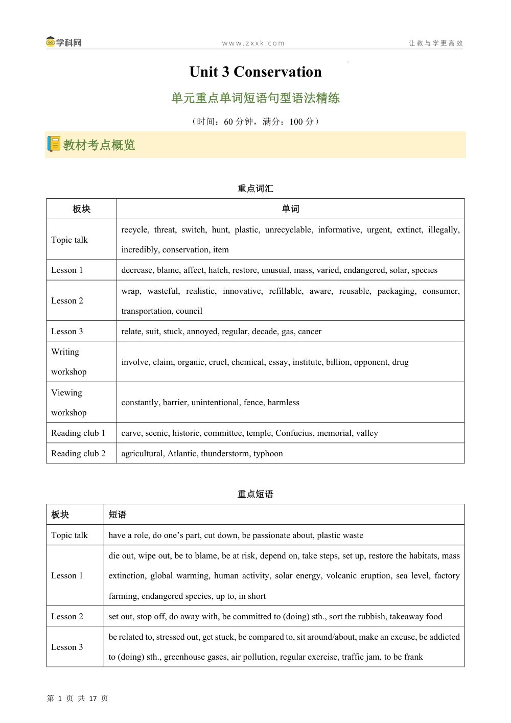 Unit 3 Conservation 单词短语句型语法（教材考点精练）（解析版） 第1页（考纲必背梳理（含红字答案版））