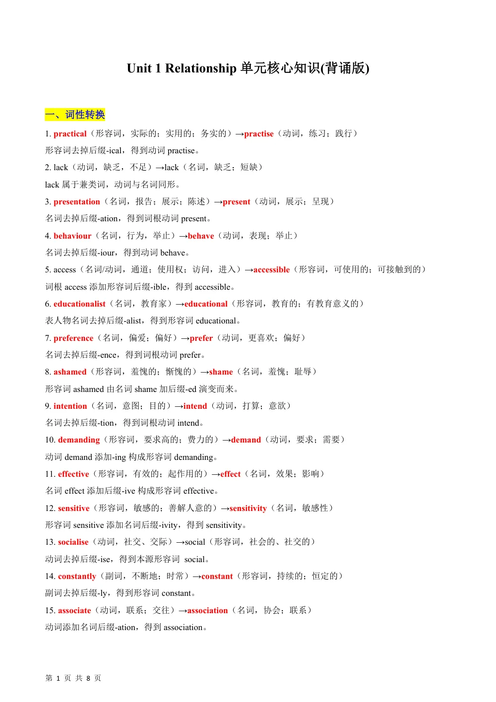 Unit 1 Relationship 单元核心知识+（背默清单）（背诵版） 第1页（考纲必背梳理（考前必背梳理版））