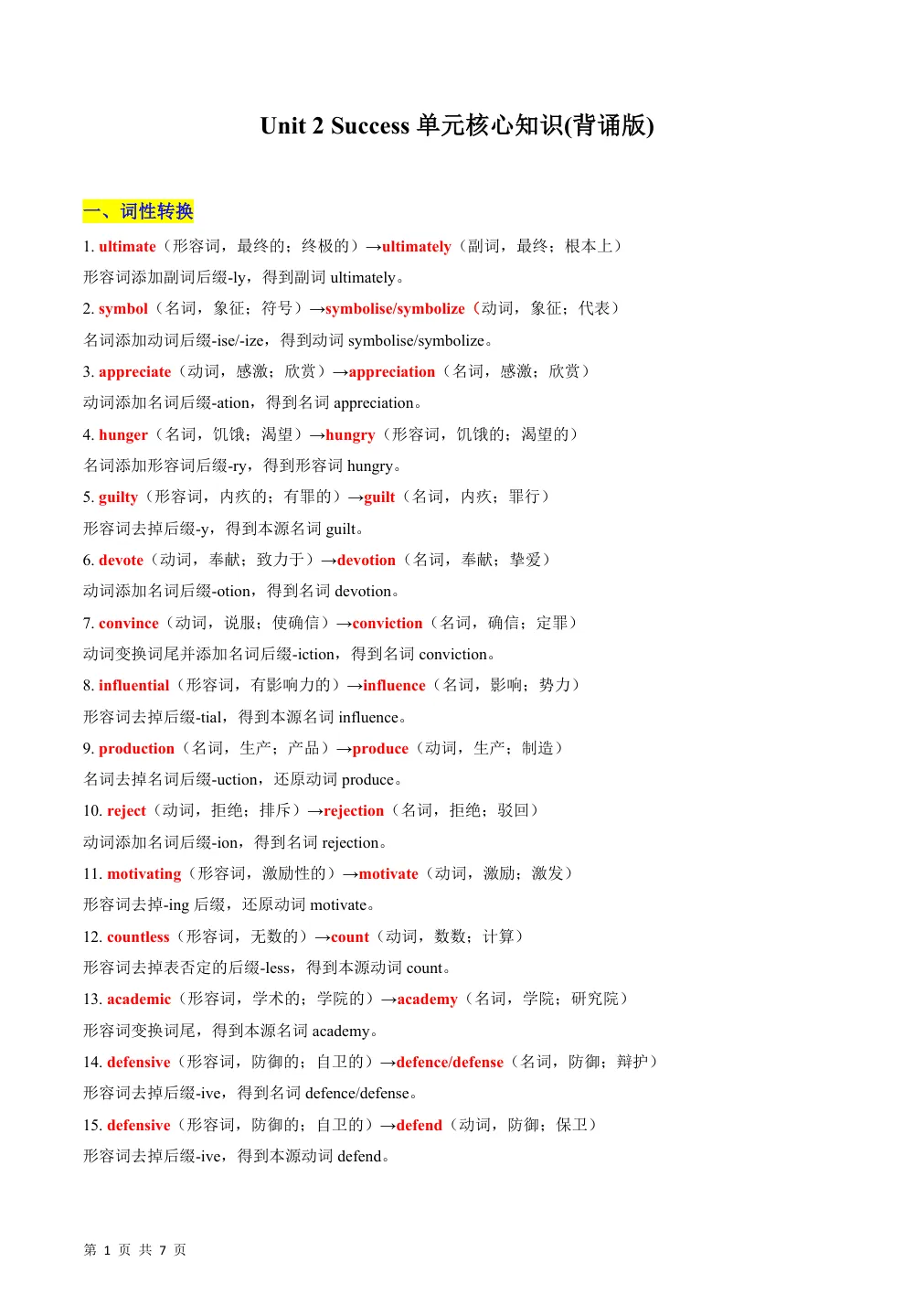 Unit 2 Success 单元核心知识+（背默清单）（背诵版） 第1页（考纲必背梳理（考前必背梳理版））