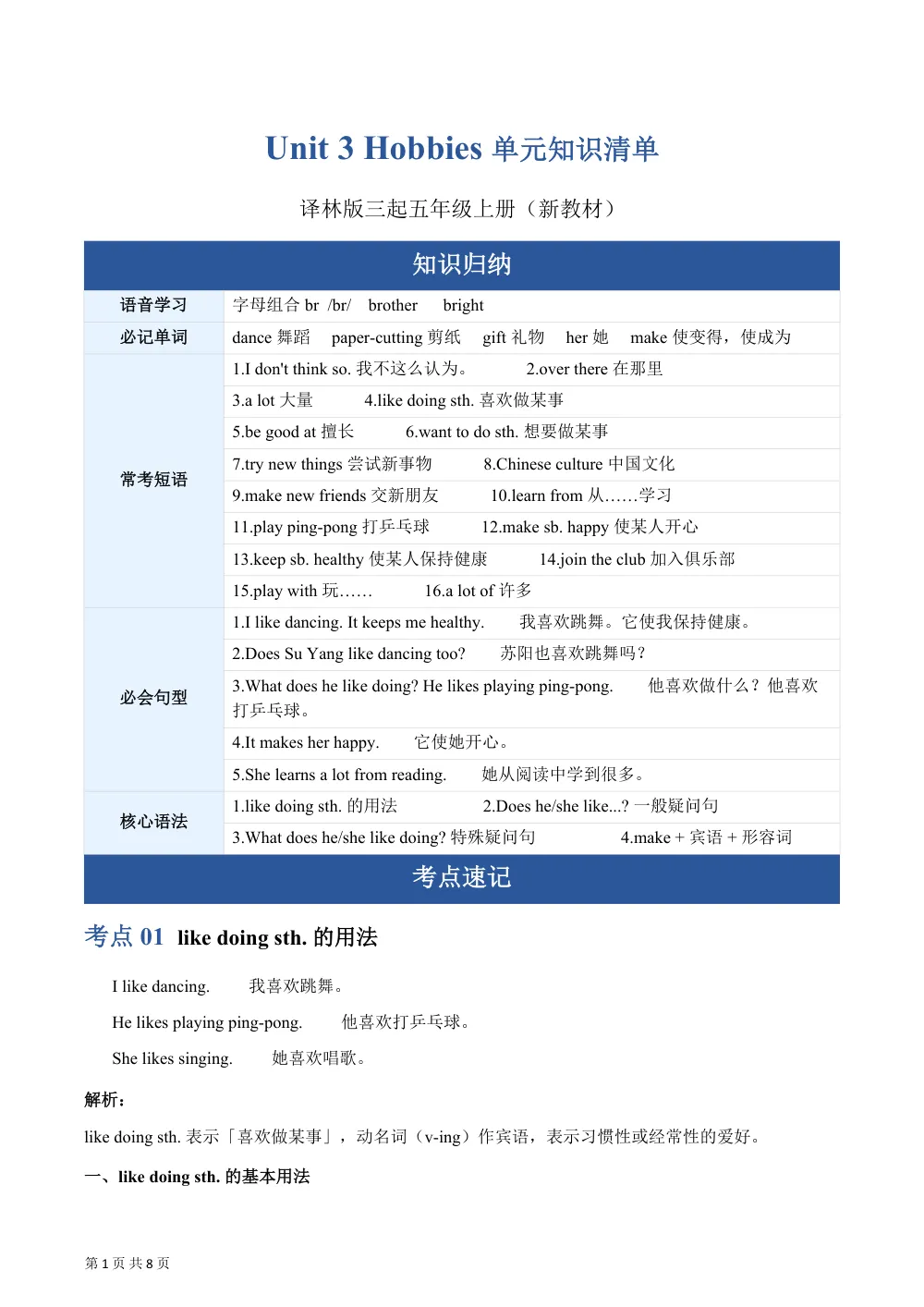 【26五上英语译林版三起】Unit 3 Hobbies（知识清单）英语译林版三起五年级上册（新教材） 第1页（考纲必背梳理（考前必背梳理版））
