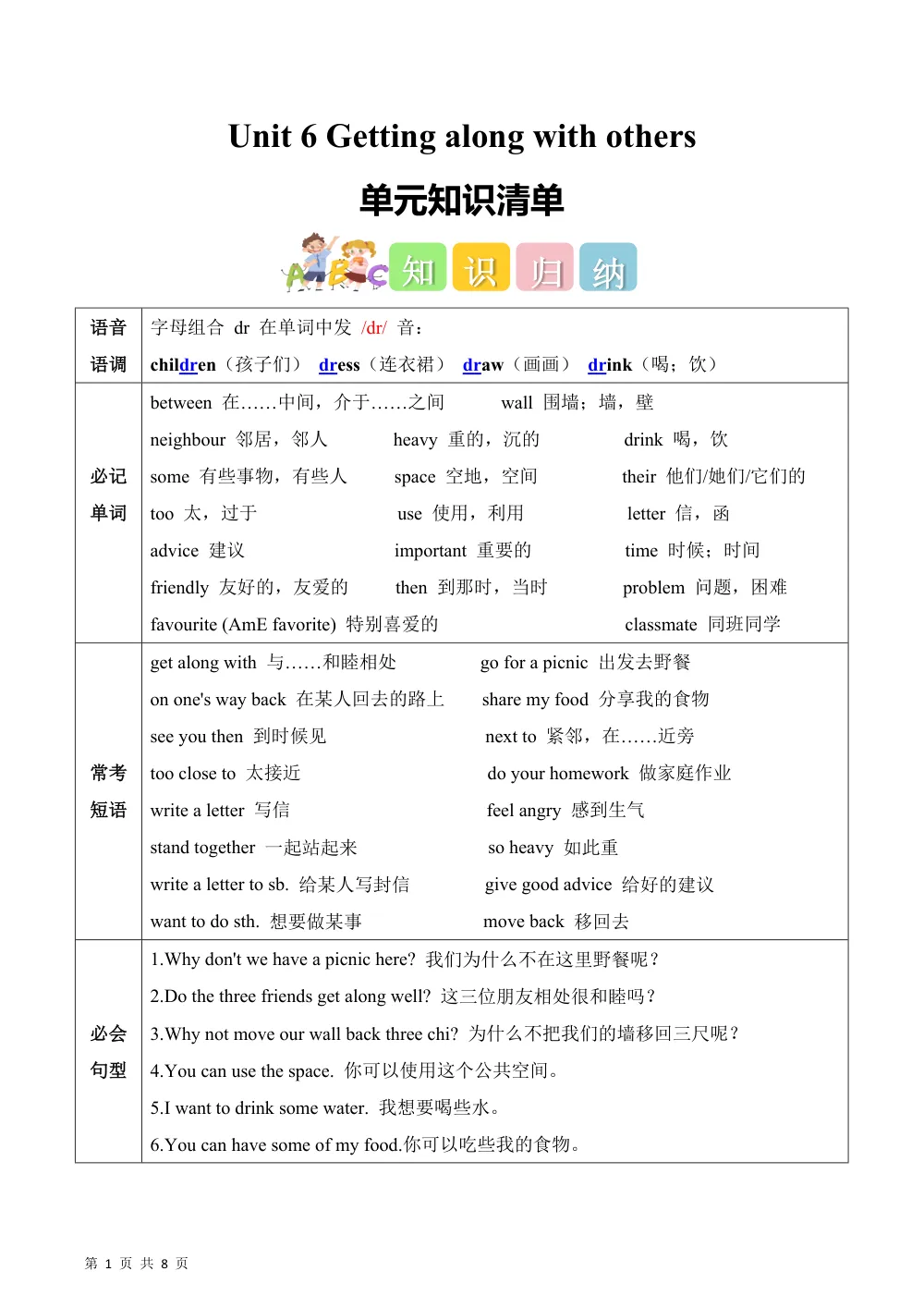 【26五上英语译林版三起】Unit 6 Getting along with others（知识清单）英语译林版三起五年级上册（新教材） 第1页（考纲必背梳理（考前必背梳理版））