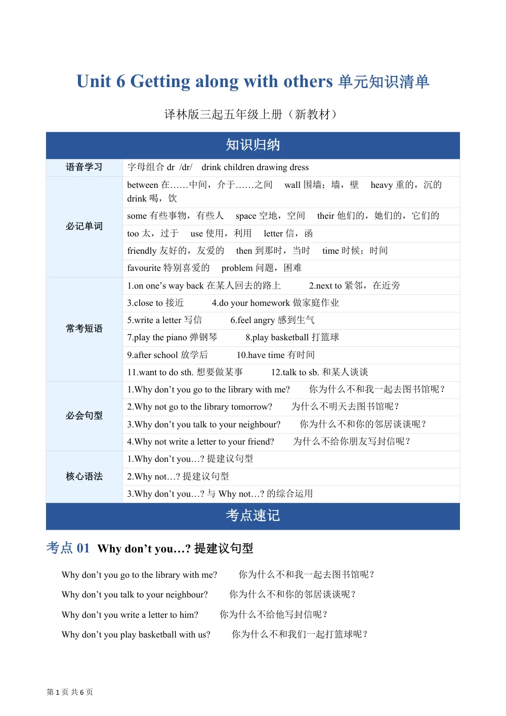 【26五上英语译林版三起】Unit 6 Getting along with others（知识清单）英语译林版三起五年级上册（新教材） (1) 第1页（考纲必背梳理（考前必背梳理版））