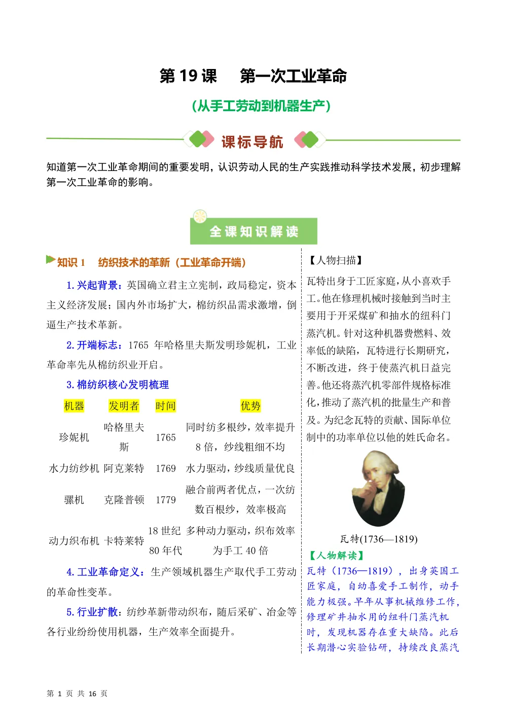 第19课  第一次工业革命（备课笔记系列讲义）历史新教材统编版九年级上册（解析版） 第1页（考纲必背梳理（含红字答案版））