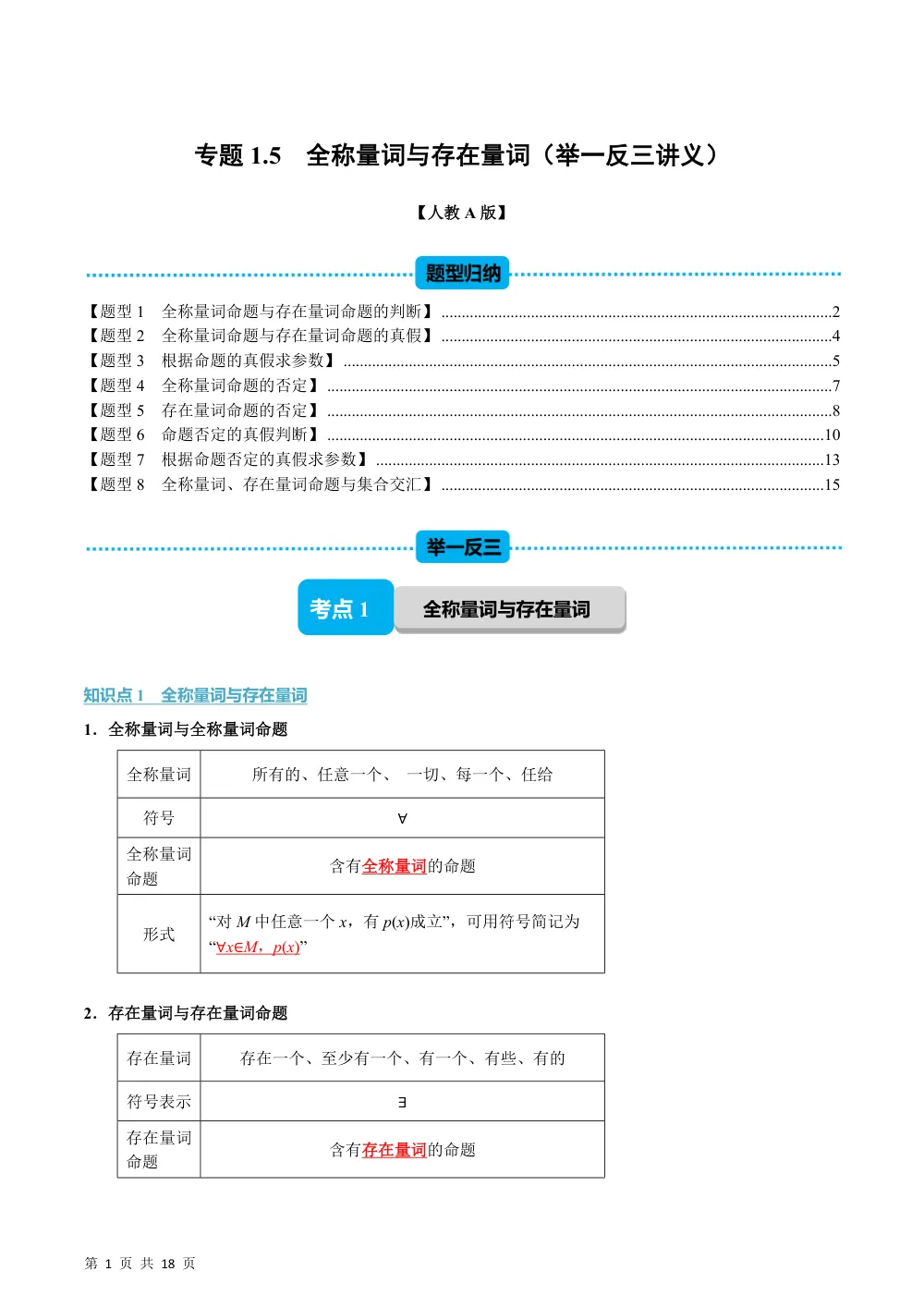 （26秋人教A版）专题1.5 全称量词与存在量词（举一反三讲义）（解析版） 第1页（理科期中培优突破（步骤详解与评分版））