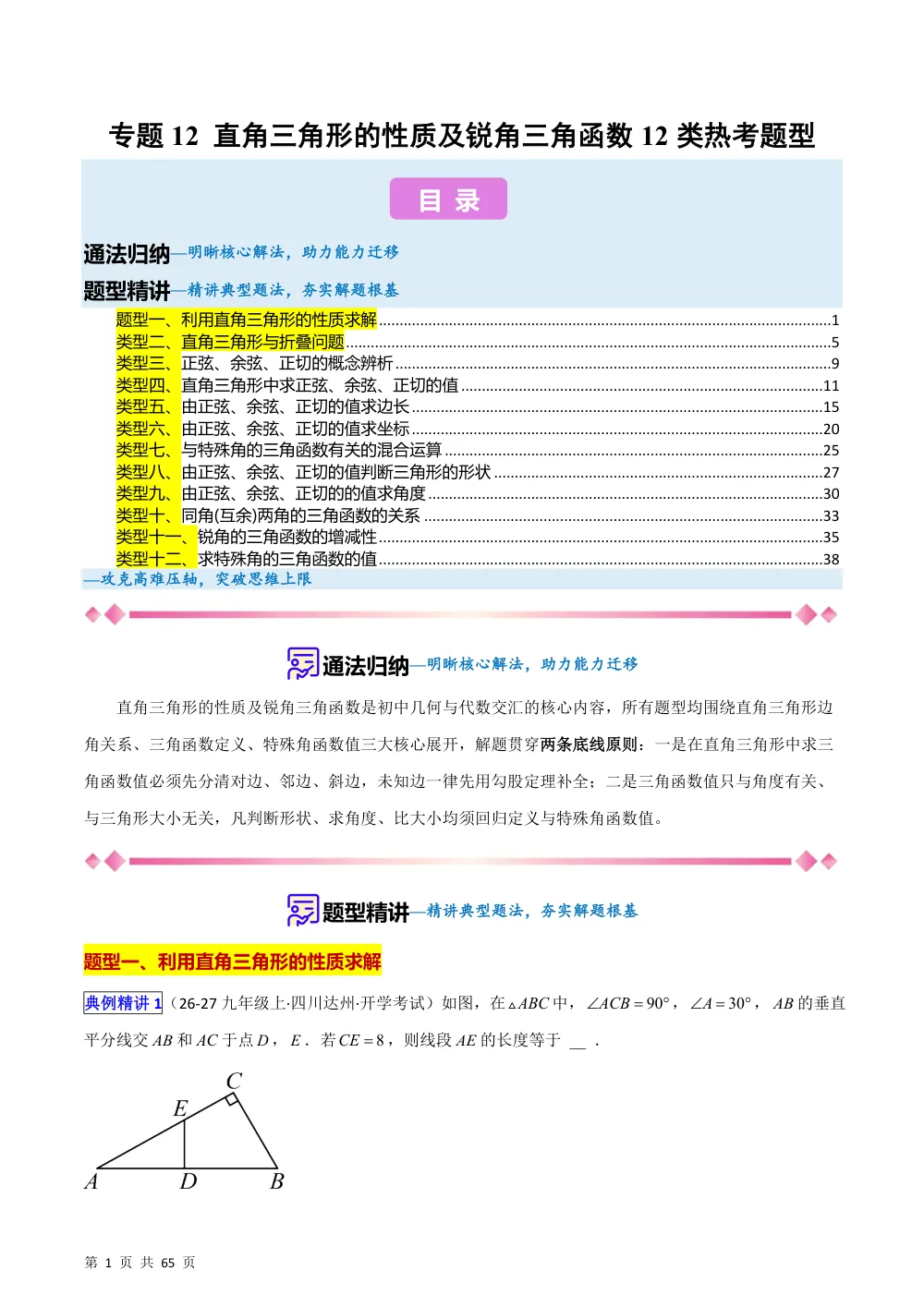 (华师)专题12 直角三角形的性质及锐角三角函数12类热考题型（压轴题专项训练）（解析版） 第1页（理科期中培优突破（步骤详解与评分版））