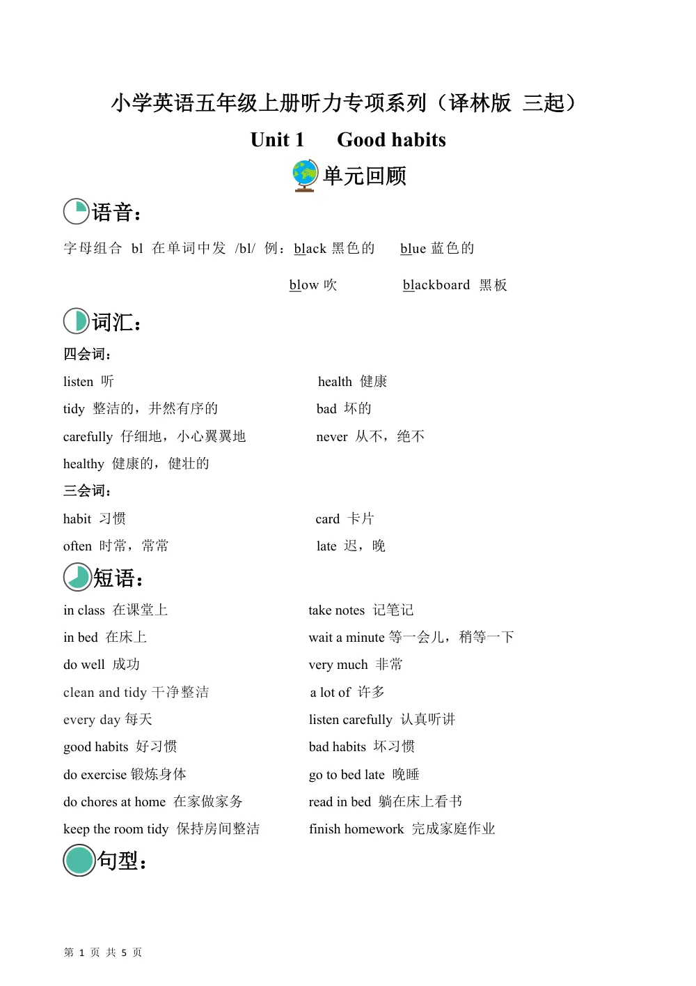 【26五上英语译林版三起】Unit 1 Good habits（单元听力专项训练）英语译林版三起五年级上册（新教材） 第1页（期中高频题速刷（限时速刷空白版））