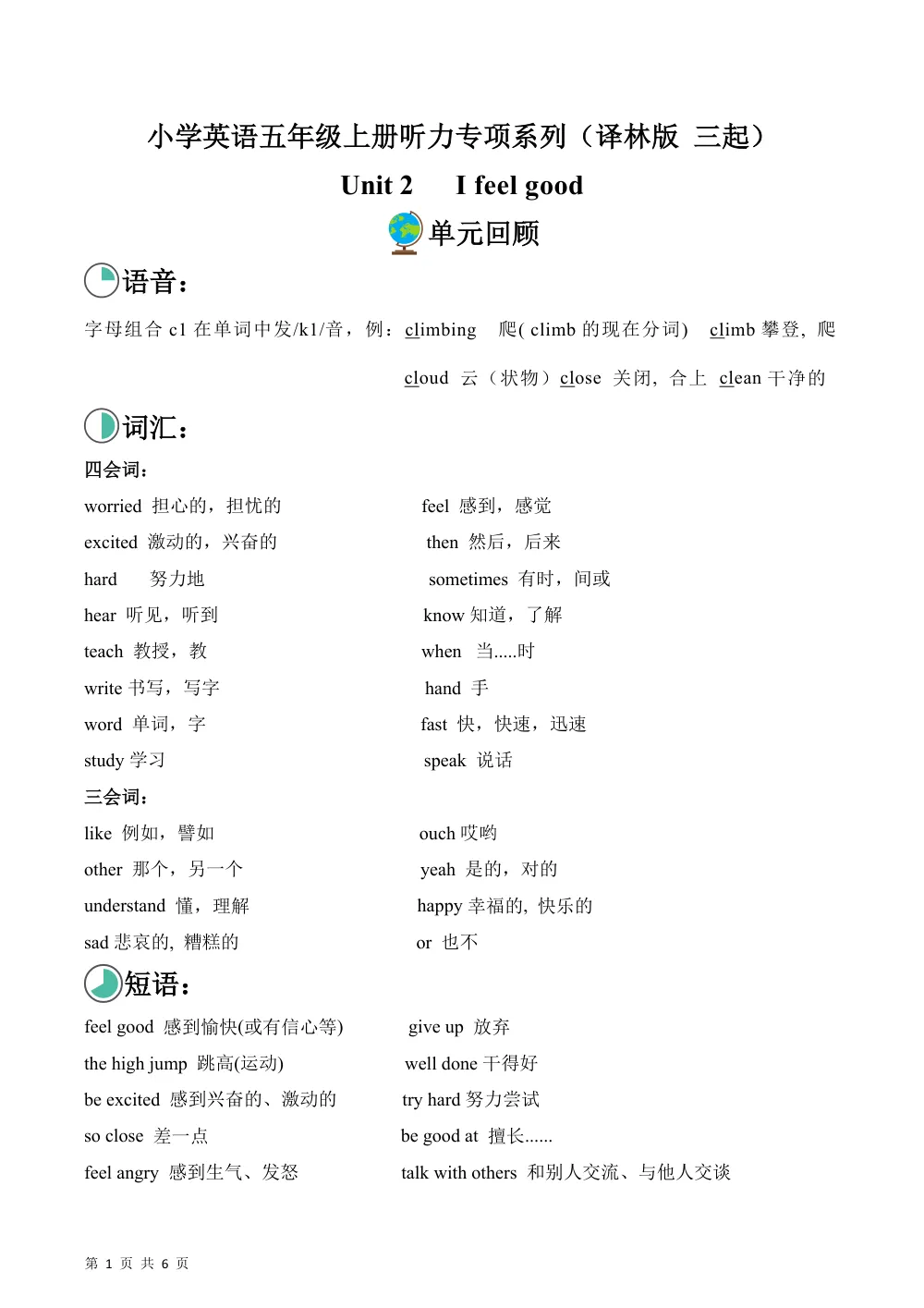 【26五上英语译林版三起】Unit 2  I feel good（单元听力专项训练）英语译林版三起五年级上册（新教材） 第1页（期中高频题速刷（限时速刷空白版））