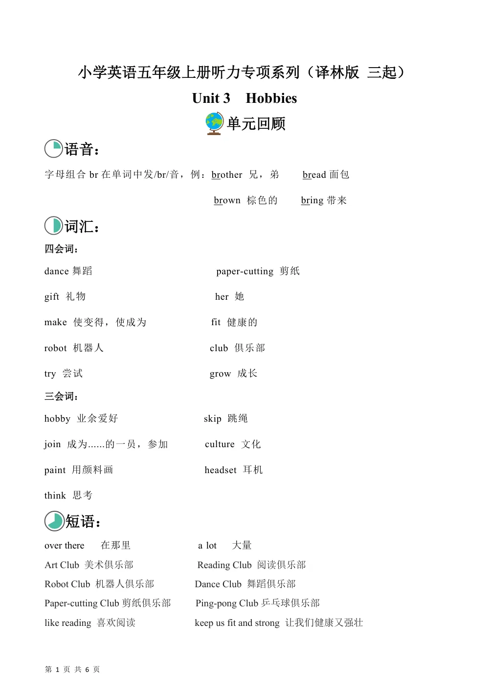 【26五上英语译林版三起】Unit 3 Hobbies（单元听力专项训练）英语译林版三起五年级上册（新教材） 第1页（期中高频题速刷（限时速刷空白版））