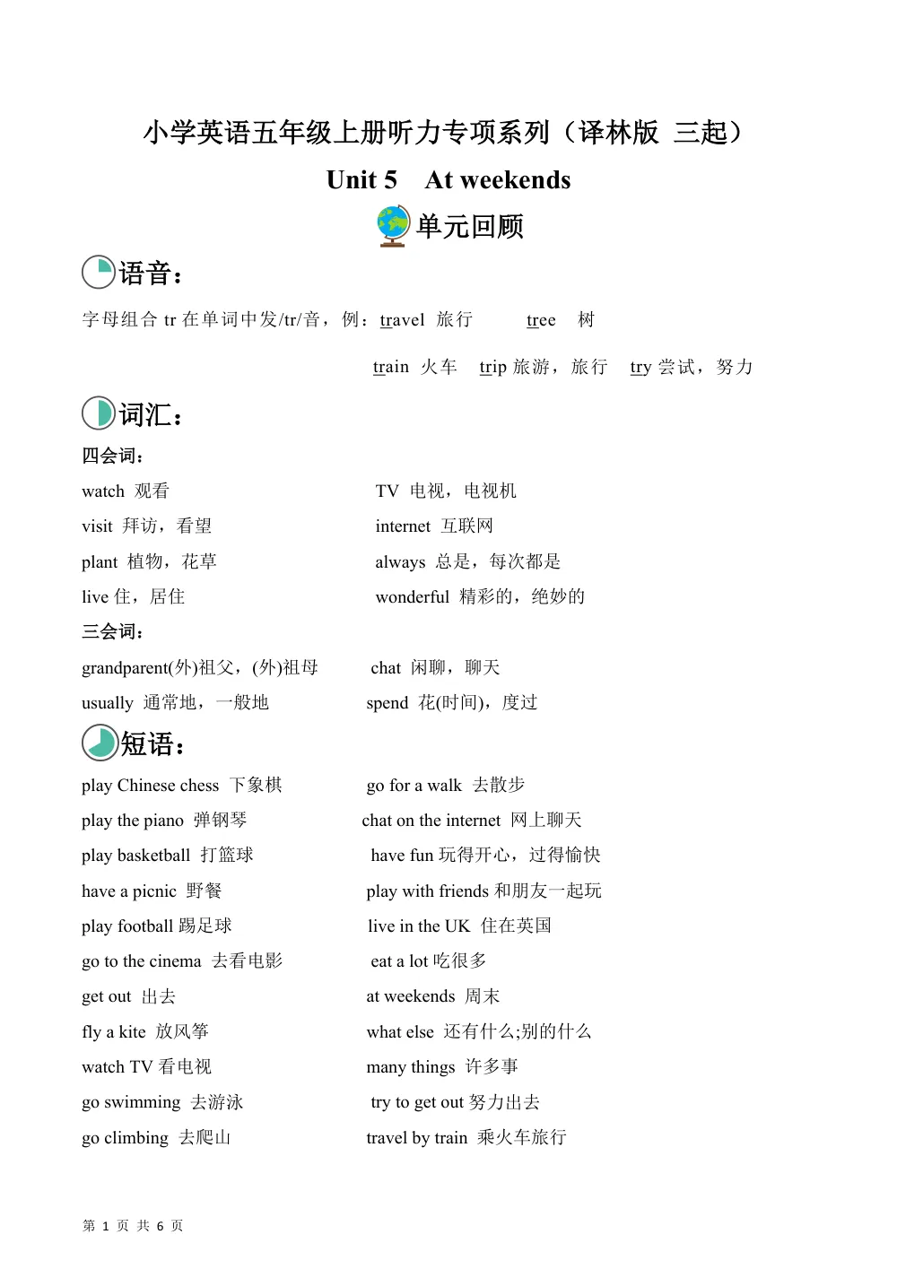 【26五上英语译林版三起】Unit 5  At weekends（单元听力专项训练）英语译林版三起五年级上册（新教材） 第1页（期中高频题速刷（限时速刷空白版））