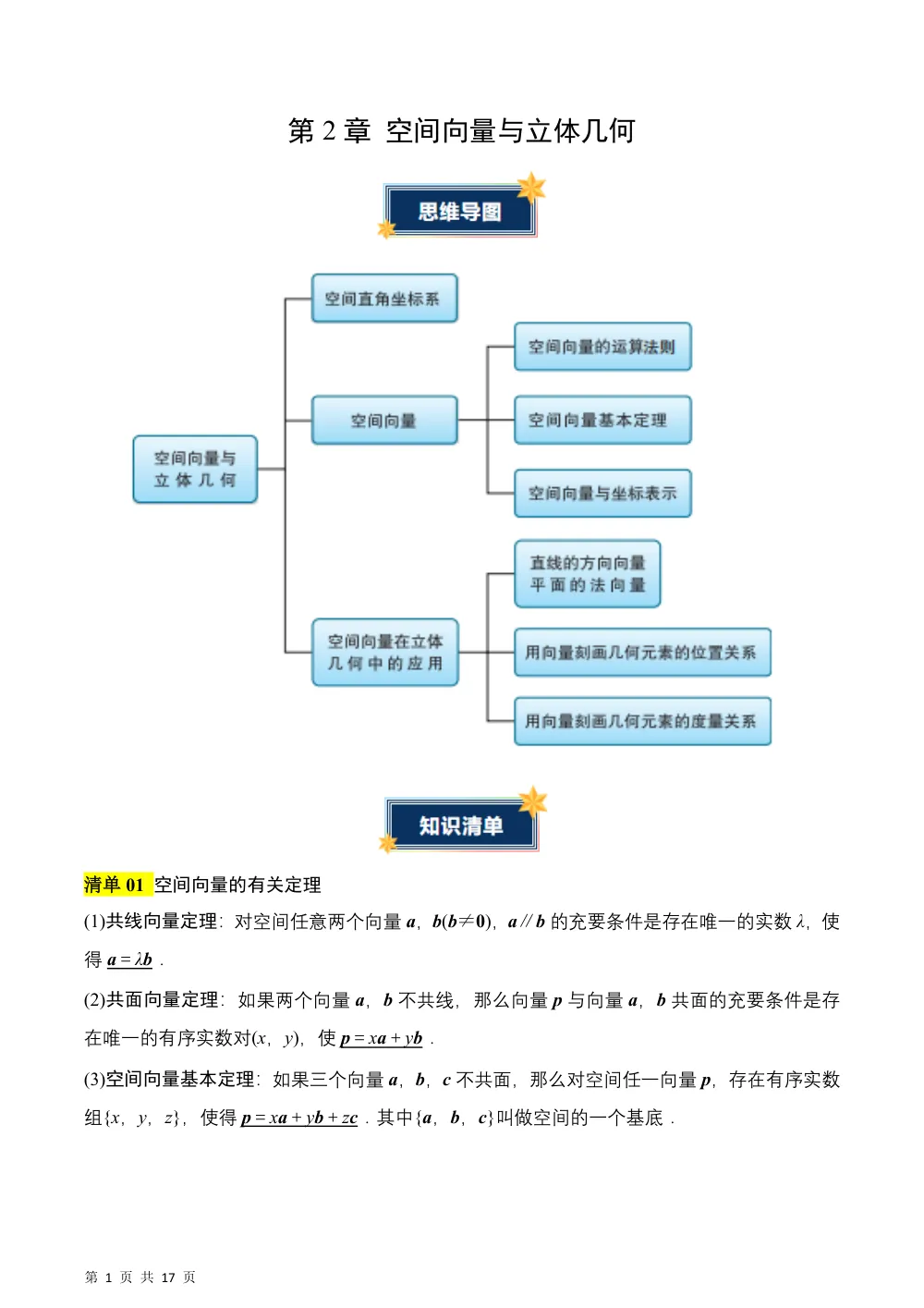 （湘教）第2章 空间向量与立体几何（知识清单）（答案版） 第1页（理科期中培优突破（标准演草自测版））