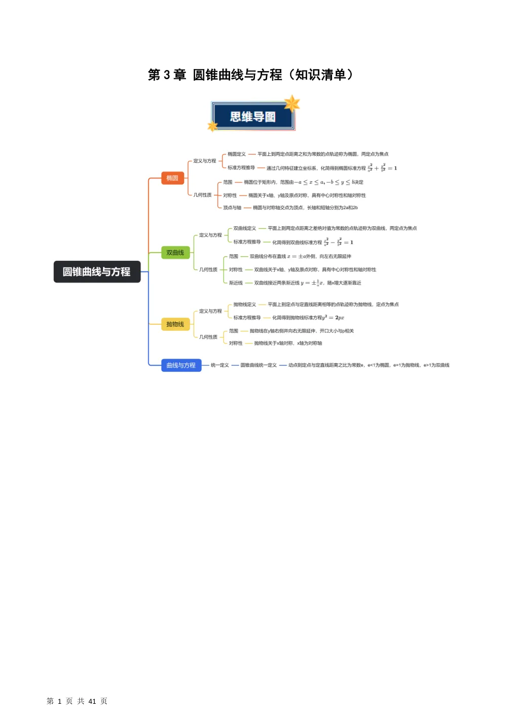 （湘教）第3章 圆锥曲线与方程（知识清单）（答案版） 第1页（理科期中培优突破（标准演草自测版））